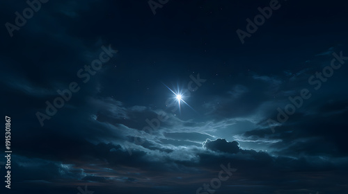 Bright North Star shining over dramatic clouds in a dark blue night sky, cinematic celestial atmosphere.