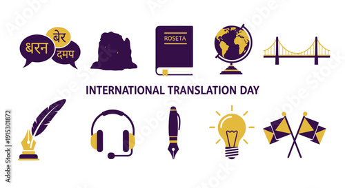 Vector graphic illustrating International Translation Day with symbols like language bubbles Rosetta Stone globe bridge
