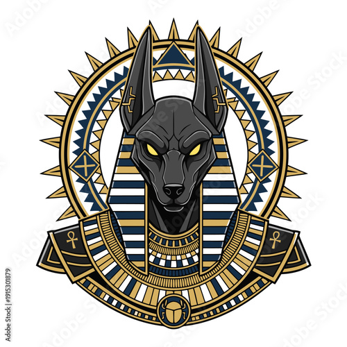 Ancient Egyptian Anubis God With Jackal Head And Sun Symbol