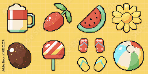 Colorful pixel art icons depicting summer and sweet treats