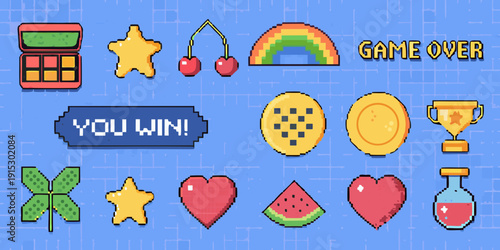 Pixel art collection featuring gaming icons fruits and lucky charms