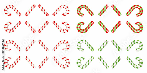 Repeating pattern of colorful candy canes arranged on a white background