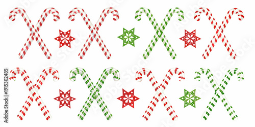 Festive arrangement of peppermint candy canes and colorful snowflake designs
