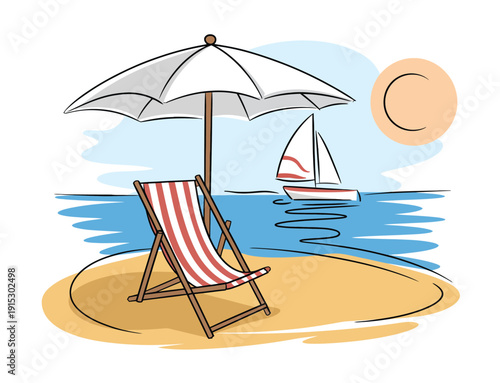 Summer Beach Sail Adventure with Scenic Ocean View, Sailing Boat on Tropical Coastline, Sunny Seaside Vacation Background for Travel, Marine Leisure, and Holiday Destination Design