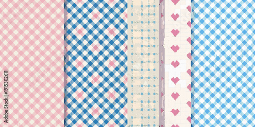 Four patterned backgrounds featuring gingham hearts and diamond shapes