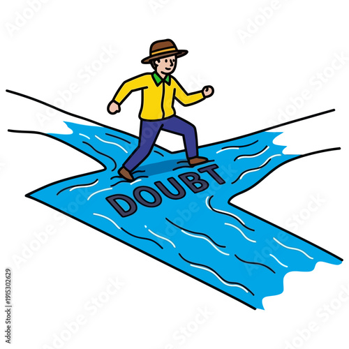Overcoming doubt vector illustration with a person walking on the word 'doubt', symbolizing resilience and confidence.
