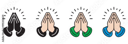 Prayer and respect icons set, linear hands praying illustrations, religious and spiritual symbols, gratitude and devotion concept, vector design on white background