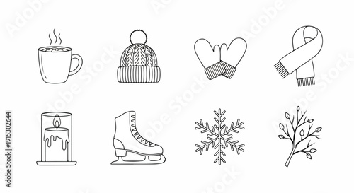 Winter activities and cozy moments illustrated in a charming line art style Vector