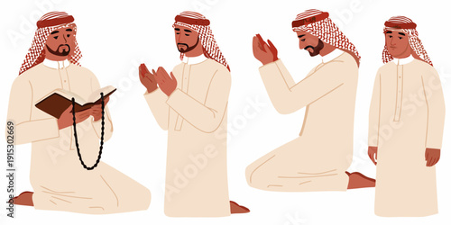 Four arab men in traditional clothing praying and reading scripture