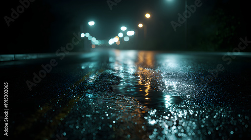 Cinematic low angle shot of a wet asphalt road at night with vibrant street light reflections on puddles and blurred bokeh background.