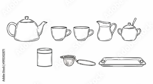 Assorted kitchen utensils and containers drawn in a simple line art style. Vector