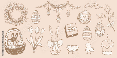 Whimsical vintage Easter vector set with rabbit, eggs, willow branches, and botanical decor