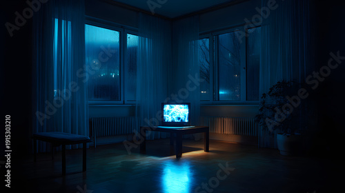 Atmospheric dark room with glowing vintage television on table during rainy night. Cinematic moody living room interior with blue lighting and raindrops on windows.