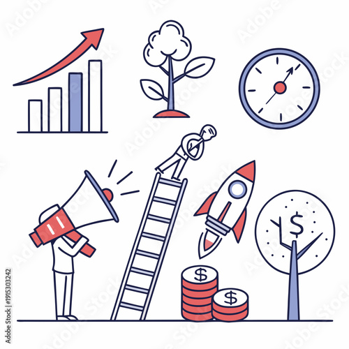 Business growth set with people climbing ladder and rocket