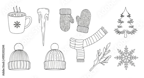An assortment of winter-themed illustrations featuring various accessories and decorations Vector