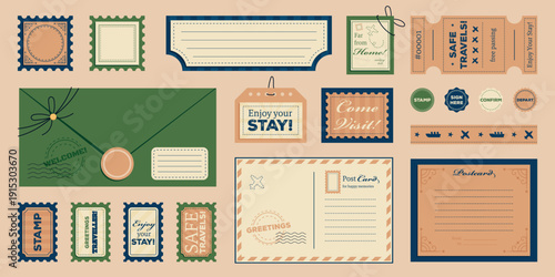 Postage and travelling cards, postcards, stamps, and marks. Vector design elements and templates for vacations and sending packages.