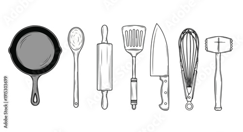 A collection of various kitchen utensils and tools for cooking and baking Vector