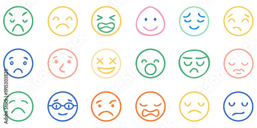 Colorful collection of diverse neon outlined facial expression emoticons