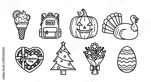 Assorted drawings of holidays and special occasions throughout the year Vector