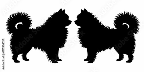 Two pomeranian dogs facing each other in a black silhouette style