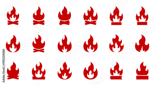 Red fire flame icon set – campfire, heat and burning symbol vector collection