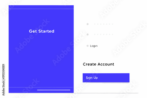 Blue screen displaying a get started interface with login and signup options