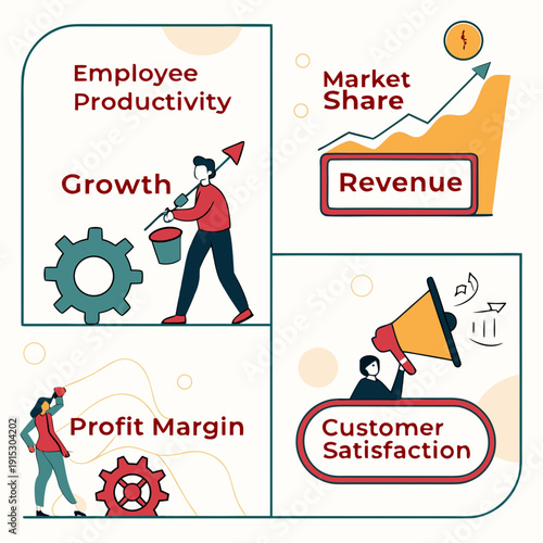 Business kpi set with people and graphs growth