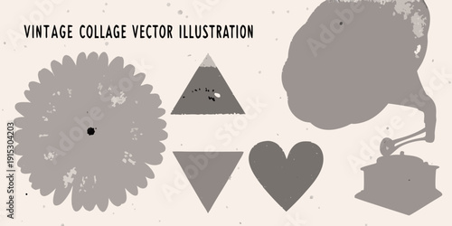 Gray geometric shapes and a vintage gramophone in a collage