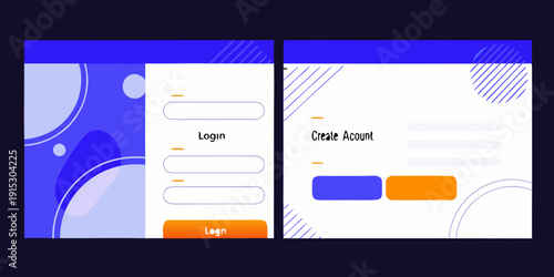 Mobile app interface mockup with login and account creation screens