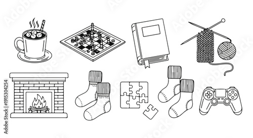 A collection of cozy and relaxing activities for a peaceful day at home. Vector
