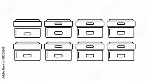 Eight identical white boxes with lids and handles arranged in two rows of four Vector