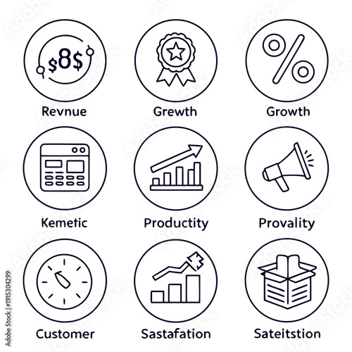 Business kpi tracking set of 8 outline with black line and text on white background