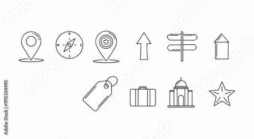 A collection of diverse icons representing various locations, directions, and landmarks Vector