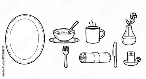 A variety of kitchen utensils and dishes arranged in a row Vector