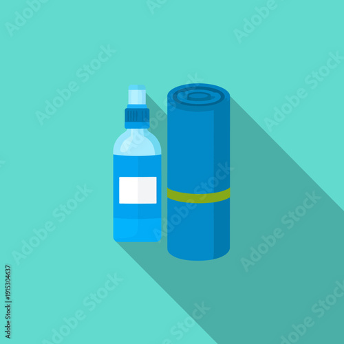 Flat design illustration of a water bottle and yoga mat on a serene background from a top view