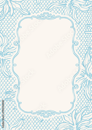 Elegant vintage greeting card template with a blank ornate hand drawn frame on a light blue lace and floral pattern background. Delicate romantic invitation for wedding or baby shower. Vector design
