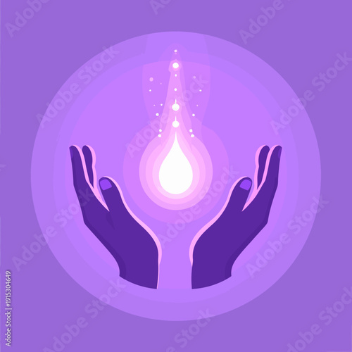 Hands cradling a glowing light droplet in a flat design illustration with a mystical ambiance and ethereal glow
