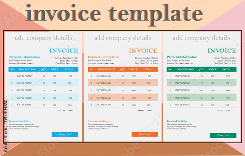 Professional Business Invoice Template with Three Color Variants. 