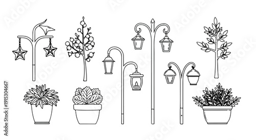 Illustration of various hanging and potted plants with decorative street lamps Vector