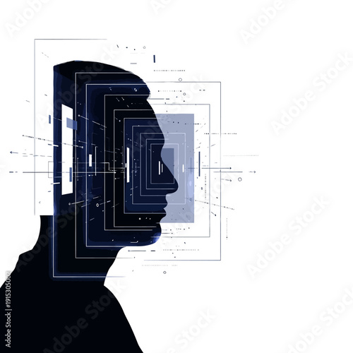Abstract digital art of a human head with geometric shapes, symbolizing technology and artificial intelligence.