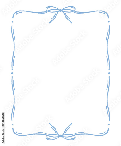 Blue vintage ribbon frame vector for romantic wedding invite and baby boy shower. Hand-drawn decorative bow border for greeting card or anniversary. Isolated line art element for nautical celebration