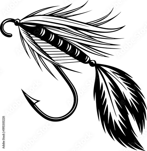 Black and White Vector Fishing Fly Lure Streamer Hook Graphic Resource