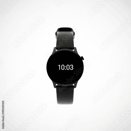 Modern black smartwatch displaying the time on a white background.