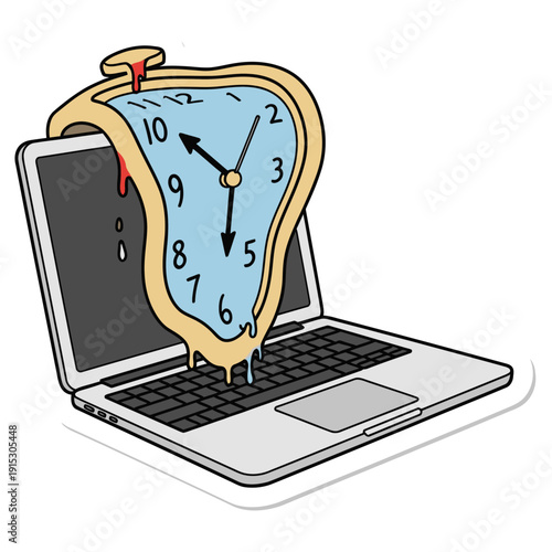 Melting Clock on Laptop Time Management, Deadline Pressure, and Digital Stress Vector Illustration