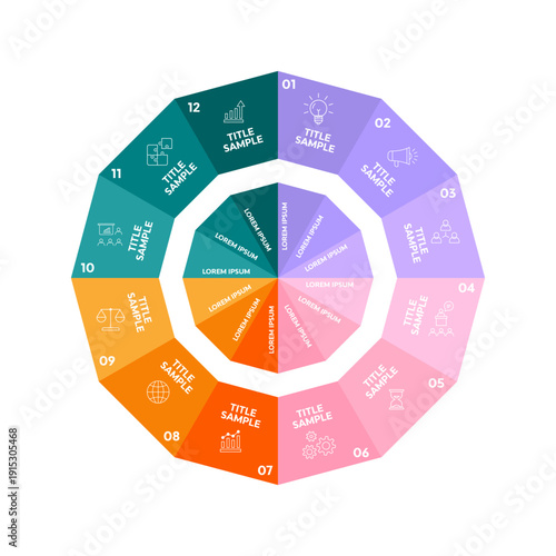 Circle chart infographic template with 12 options for presentations business. Vector editable illustration Eps