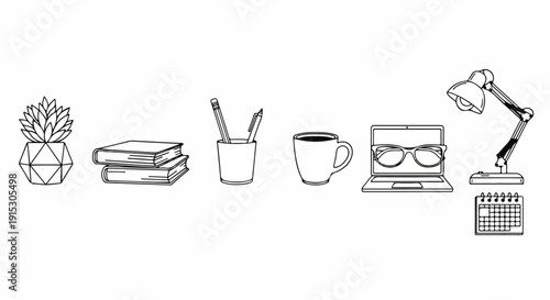 A collection of office supplies and personal items on a desk Vector
