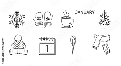 Winter activities and items depicted in a minimalist black and white illustration Vector
