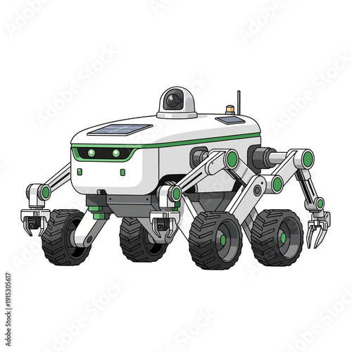 Illustration of a futuristic robot rover with six wheels and robotic arms.