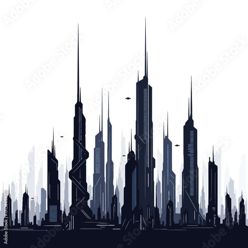 Futuristic Cityscape Illustration with Sleek Skyscrapers and Flying Vehicles.