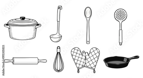 A collection of various kitchen utensils and tools for cooking and baking. Vector